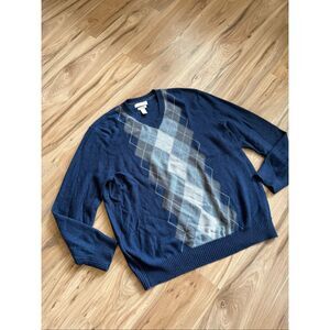 Banana Republic Mens Blue Argyle V-Neck Angora Cashmere Luxury Blend Sweater XL